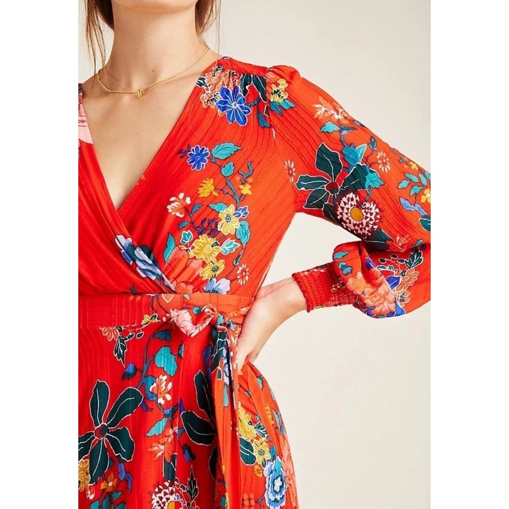 Anthropologie Boswell Textured Wrap Tunic Dress Red Floral Woman's Sz 12 - Picture 2 of 12